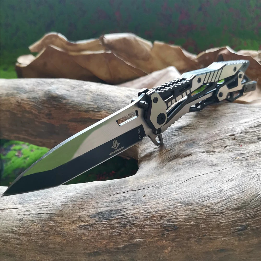 Skeleton Design Mechanical Folding Knife with All-Steel Construction and Oxford Cloth Bag for Tactical Hunting and Everyday Use