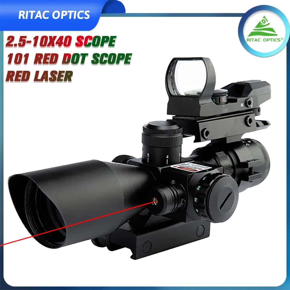 2.5-10x40 Combo Rifle Scope Dual Illuminated Mil-dot Reticle W/ Reflex Red Dot Sight and Red Laser Sight