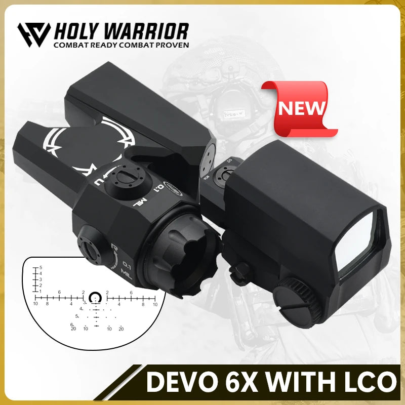 Holy Warrior Tactical DEVO Dual-Enhanced View Optic 6x Reticle Riflescope Magnifier and L-C-O Red Dot Holographic Sight