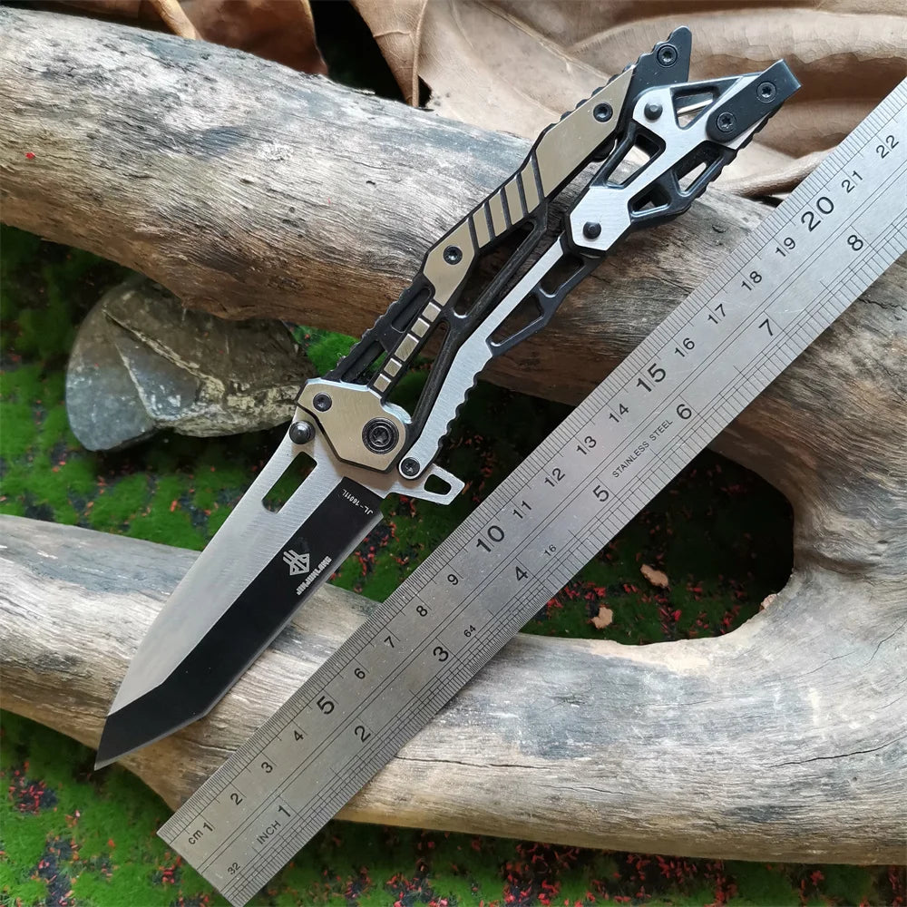 Skeleton Design Mechanical Folding Knife with All-Steel Construction and Oxford Cloth Bag for Tactical Hunting and Everyday Use