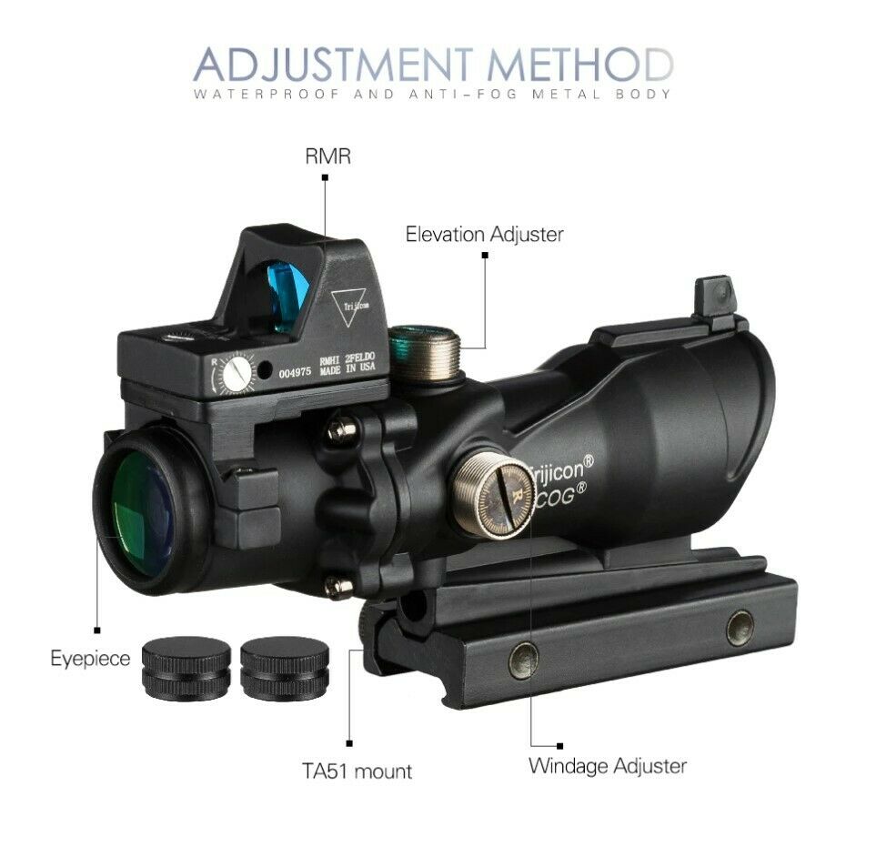 Trijicon ACOG Style 4X32 Real Fiber Source Red or Green Illuminated Scope w/ RMR Micro Red Dot
