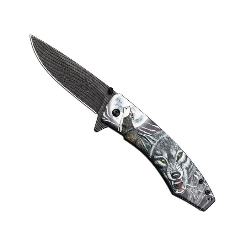 Wolf Engraved Folding Blade Stone-wash / 3D Print Stainless Steel Folding Pocket Knife