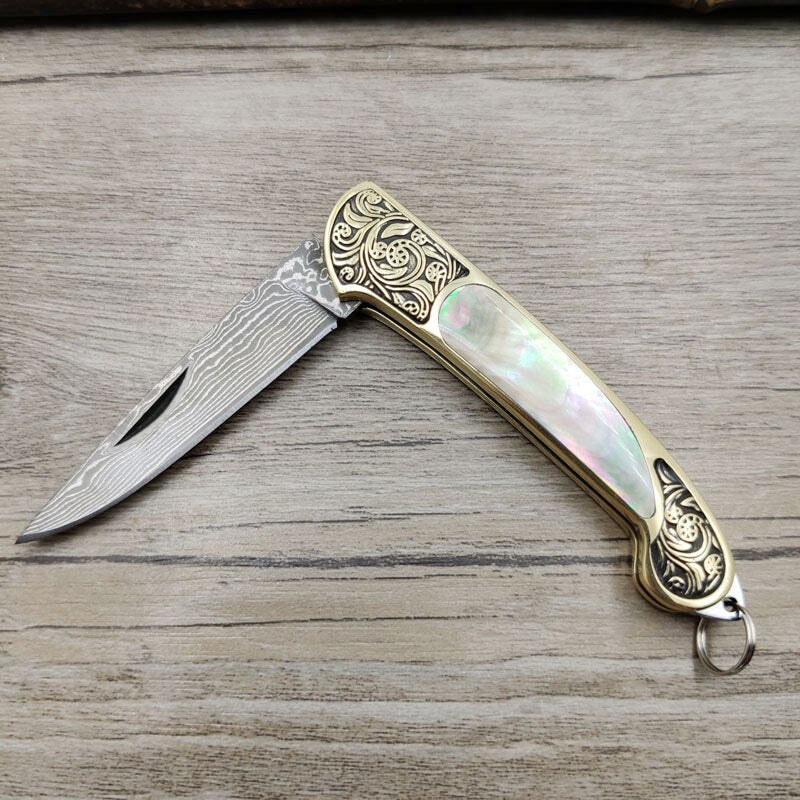 Big Size Handmade Damascus Steel Blade Pocket Folding Knife Yellow Brass +Abalone Shell Handle Utility Knife