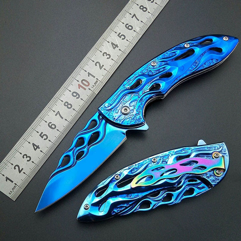 Blue Titanium Fire Flame 440C Rainbow belt clam Folding Pocket Knife
