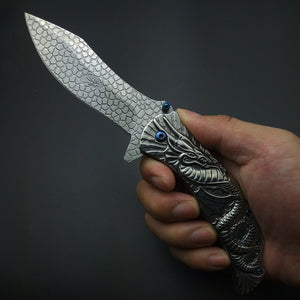 Silvery Demon Evil Dragon Snake Carving 3D with Clip All Steel Stainless Folding Pocket Knife