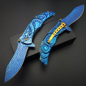 9" Dragon Blue Titanium Cosplay Fade 3D Graphic Folding Pocket Knife