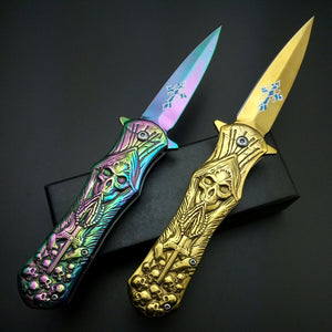 Cross Printing Blade Death Skulls Engraved Pocket Knife