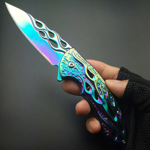 Blue Titanium Fire Flame 440C Rainbow belt clam Folding Pocket Knife