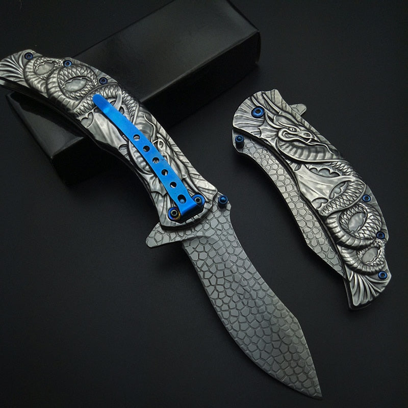 Silvery Demon Evil Dragon Snake Carving 3D with Clip All Steel Stainless Folding Pocket Knife