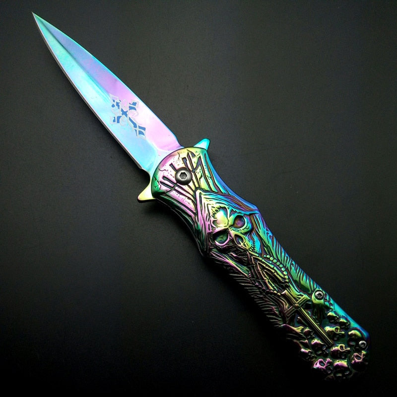 Cross Printing Blade Death Skulls Engraved Pocket Knife