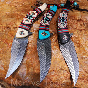 Native Knife Fold Pocket Damascus Style Feather Blade