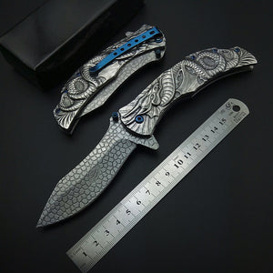 Silvery Demon Evil Dragon Snake Carving 3D with Clip All Steel Stainless Folding Pocket Knife