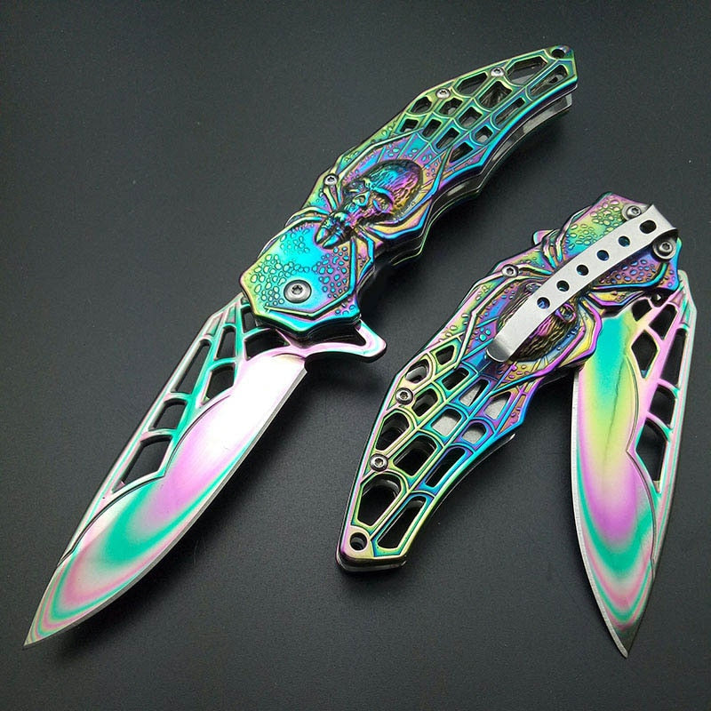Exquisite Rainbow Titanium Spider Pattern Folding Pocket Knife