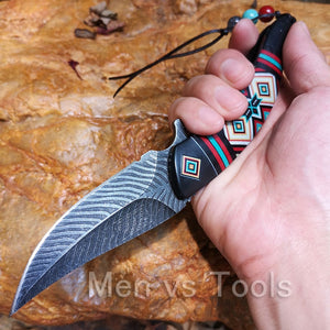 Native Knife Fold Pocket Damascus Style Feather Blade