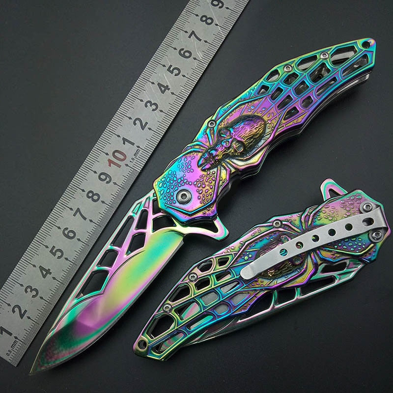 Exquisite Rainbow Titanium Spider Pattern Folding Pocket Knife