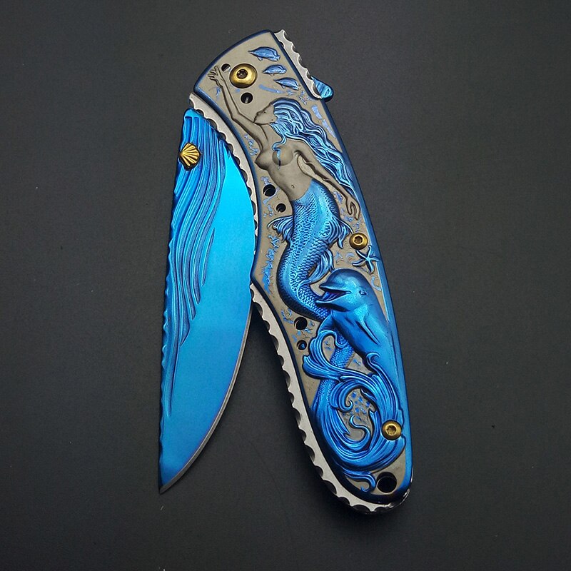 Blue Mermaid Titanium Artwork Blade & Handle Folding Pocket Knife