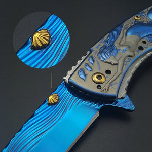 Blue Mermaid Titanium Artwork Blade & Handle Folding Pocket Knife