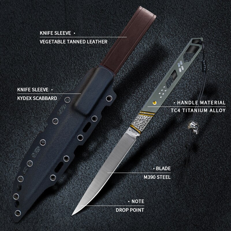 TURENZ M390 Steel Fixed Thin Blade Titanium Handle Tanto Knife with Kydex Scabbard Knife
