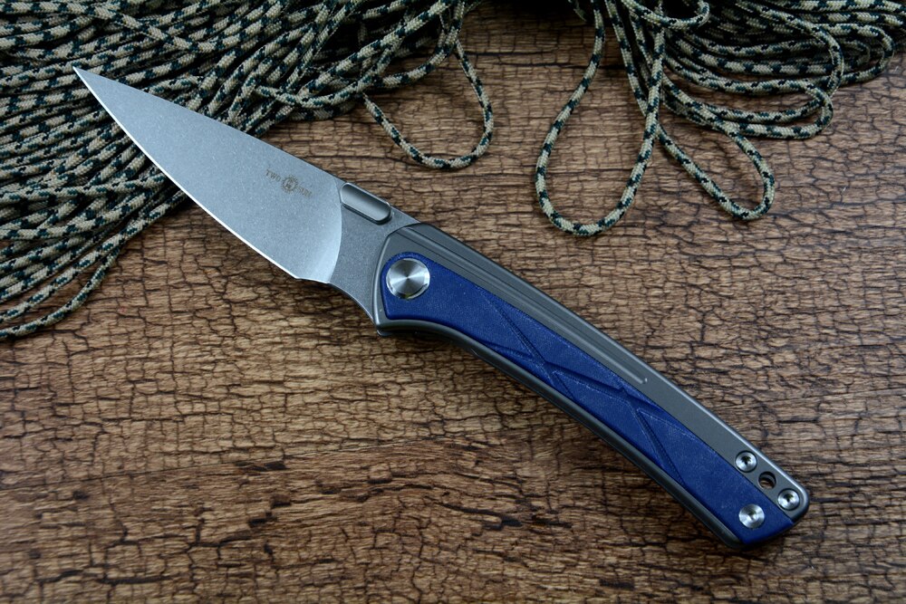 TWOSUN D2 Folding Knives Titanium Blue Micarta Handle Fast Open EDC Blade Tool TS171