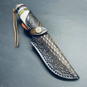 62 HRC Damascus Steel Fixed Blade Bovine Bone Resin Handle Knife